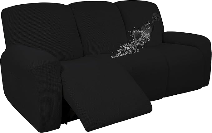 Easy-Going 100% Dual Waterproof Recliner Sofa Cover, 8-Pieces Stretch Relining Couch Cover with Pocket, Jacquard 3 Seat Sofa Slipcover Leakproof Washable (Sofa, Black)