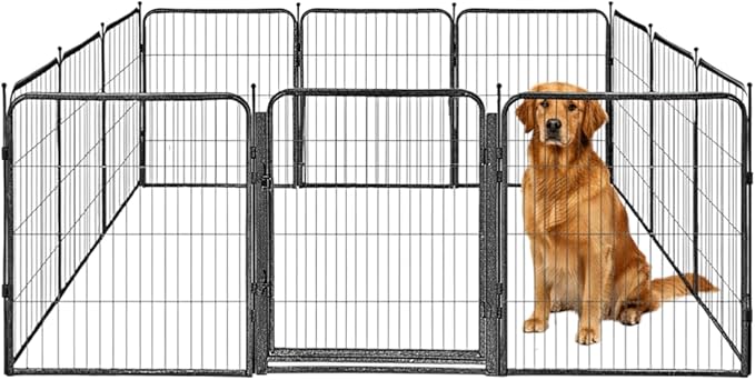 Indoor Dog Playpen - 32 inch, 12 Panels for Small and Puppy Size Dogs - Heavy Duty Metal Portable Pet Fence with Black Anti-Rust Coating - Play Pen w/Extra Wide Gate