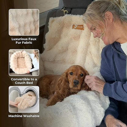 Pelsbarn Luxurious Cozy Car Bed - Small Luxury Travel Dog Bed with Safety Belt - Ultra Soft Faux Fur - Beige