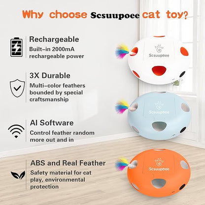 Cat Toys, Rechargeable Interactive Cat Toy, Smart Sensor Pop-Up Feather Toy with 7 Holes, USB Powered Automatic Kitten Toy for Indoor Cats, White