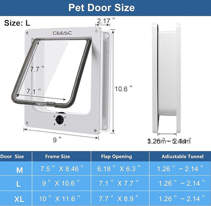 CEESC Large Cat Door for Interior/Exterior Door, Weatherproof, White, Rotary 4 Way Locking Pet Door for Cats & Dogs with Circumference < 23.62", Upgraded Version