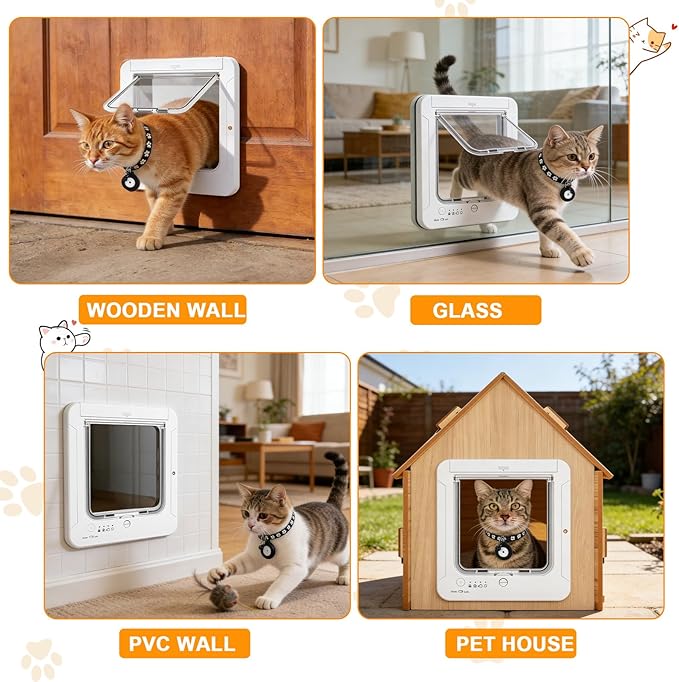 Smart Cat Door with 4 Collar Sensor Key, RFID Cat Door Collar Activated with Remote Control, 4 Way Locking Cat Flap Automatic Pet Door Interior & Exterior(Brown)