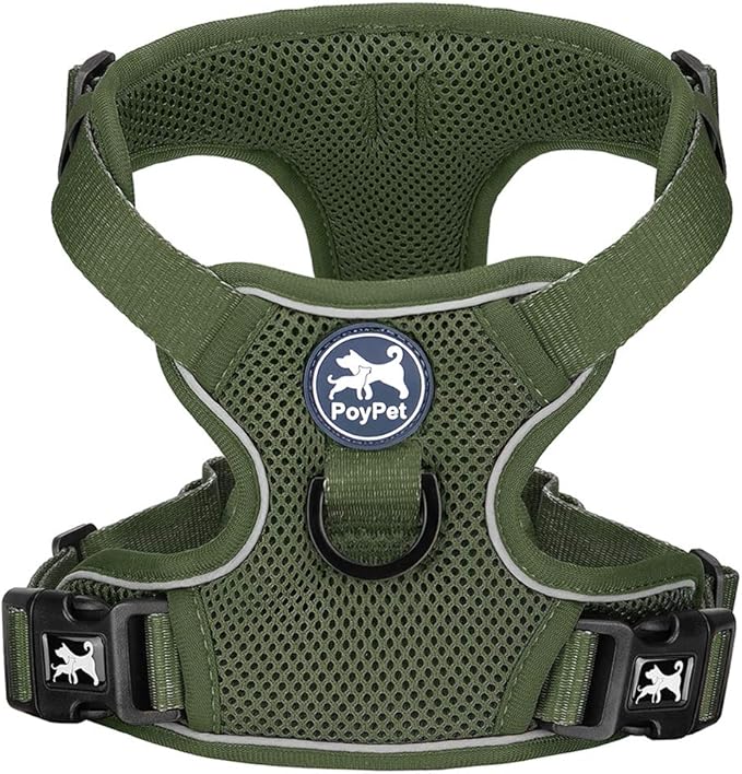 PoyPet Reflective Soft Breathable Mesh Dog Harness Choke-Free Double Padded Vest with Adjustable Neck and Chest(Military Green,XS)