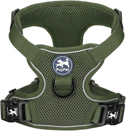 PoyPet Reflective Soft Breathable Mesh Dog Harness Choke-Free Double Padded Vest with Adjustable Neck and Chest(Military Green,XL)