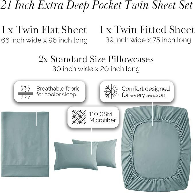Southshore Fine Living, Inc. 4-Piece Twin Bed Sheets Set, 21" Extra Deep Pocket Fitted Sheet Twin, Oversized Flat Sheet, Microfiber Bedding, Steel Blue Pillow Cases Standard Size, Steel Blue Sheets