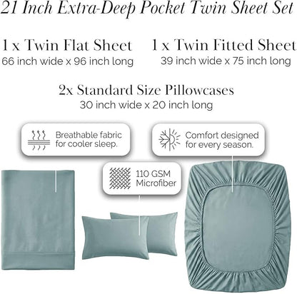Southshore Fine Living, Inc. 4-Piece Twin Bed Sheets Set, 21" Extra Deep Pocket Fitted Sheet Twin, Oversized Flat Sheet, Microfiber Bedding, Steel Blue Pillow Cases Standard Size, Steel Blue Sheets