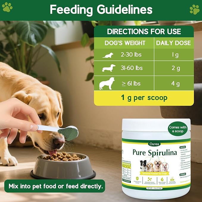 Organic Spirulina Powder for Dogs – Natural Superfood Supplement for Skin, Coat & Immune Health – 100% Pure Green Algae, No Fillers, No Additives, Boosts Energy & Vitality