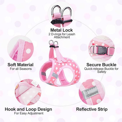 BEAUTYZOO Step in Dog Harness and Leash Set, Polka Dot Pattern Reflective Dog Harness No Pull No Choke Puppy Harness for XXS XS S Dogs Cats, Soft Padded Mesh Vest Harnesses for Girl and Boy Pets