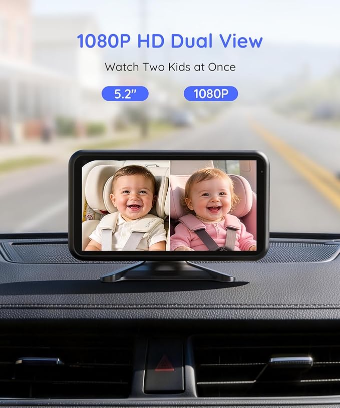 LUCKVIEW BM2 PRO Dual Baby Car Camera, 5.2" 1080P HD Display for Rear-Facing Car Seats, IR Night Vision, Anti-Shake Mount, Easy Install – Ideal for Parents with 2 Kids and Pets (Blue)