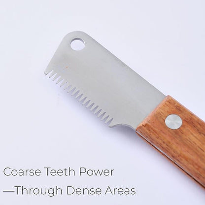 Carding Knife for Dog Grooming, Undercoat Removal Comb for Terriers and Double Coated Breeds, 2 Piece Fine and Coarse Wooden Handle Set for Professional Groomers and Home Use