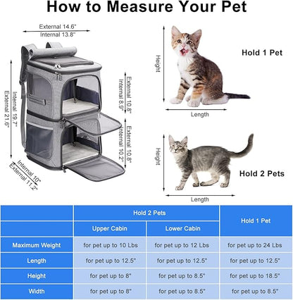 2-in-1 Double Pet Carrier Backpack for Small Cats and Dogs, Portable Pet Travel Carrier, Super Ventilated Design, Ideal for Traveling/Hiking/Camping, Large Size