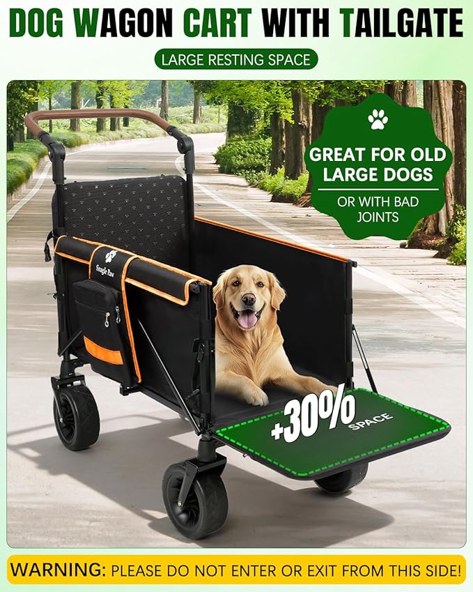 Snagle Paw Dog Wagon for Medium Large Dogs up to 200lbs | All Terrain Foldable Large Pet Stroller with Ramp & Tailgate (Extra Space), Dog Wagon Cart Adjustable Handle & One-Step Brake