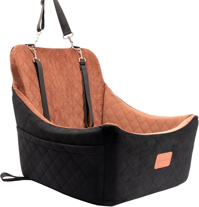 WOOAIDAGG Dog Car Seat for Medium Sized Dog,Pet Travel Car Bed with Seat Belt Channle,Fully Detachable and Washable Car Dog Seat with Adjustable Straps,3 Straps Easy to Install (Black/Brown)