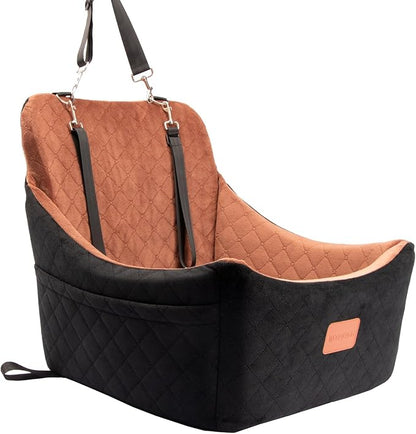 WOOAIDAGG Dog Car Seat for Medium Sized Dog,Pet Travel Car Bed with Seat Belt Channle,Fully Detachable and Washable Car Dog Seat with Adjustable Straps,3 Straps Easy to Install (Black/Brown)
