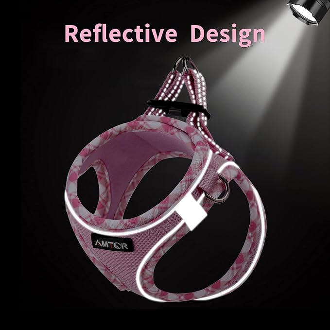 AMTOR Small Dog Harness with Leash Set, No Escape Easy Walk Puppy Harnesses for Training Walking, Step-in Reflective Soft Dogs Vest for XS S Medium Extra-Small Large Sized Dog(L Size,Pink/White)