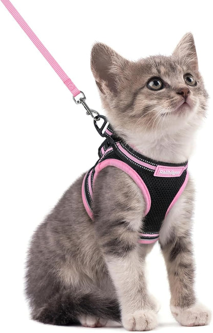 rabbitgoo Cat Harness and Leash Set for Walking Escape Proof, Adjustable Soft Kittens Vest with Reflective Strip for Cats, Comfortable Outdoor Vest, Black & Pink, S