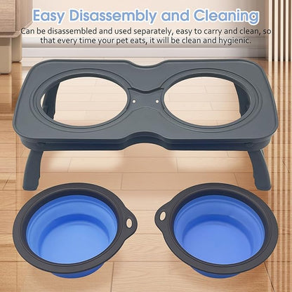 PINVNBY Elevated Portable Dog Bowl, Travel Raised Dog Stand with Collapsible Silicone Double Diner Puppy Bowls Non-Slip Dog Food Water Bowls Holder for Small Dogs and Cats - 14.6" L x 7.5" W x 3.9" H