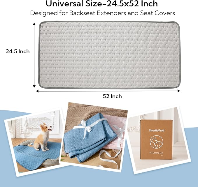 Soulbond Backseat Dog Cooling Mat for Cars - 24.5"x52" Washable Back Seat Self Cooling Pad for Cat & Puppy, QMAX>0.3, Non-Slip Cold Pet Bed Backseat Extender for Cars, SUVs, Trunks, Light Gray