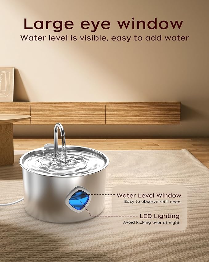 Cat Water Fountain Stainless Steel - 108oz/3.2L Pet Gift Dog Water Dispenser Automatic Silent Cats Dispenser for Drinking Indoor Metal Kitty Spout Fountains with 8 Filters + 8 sponges