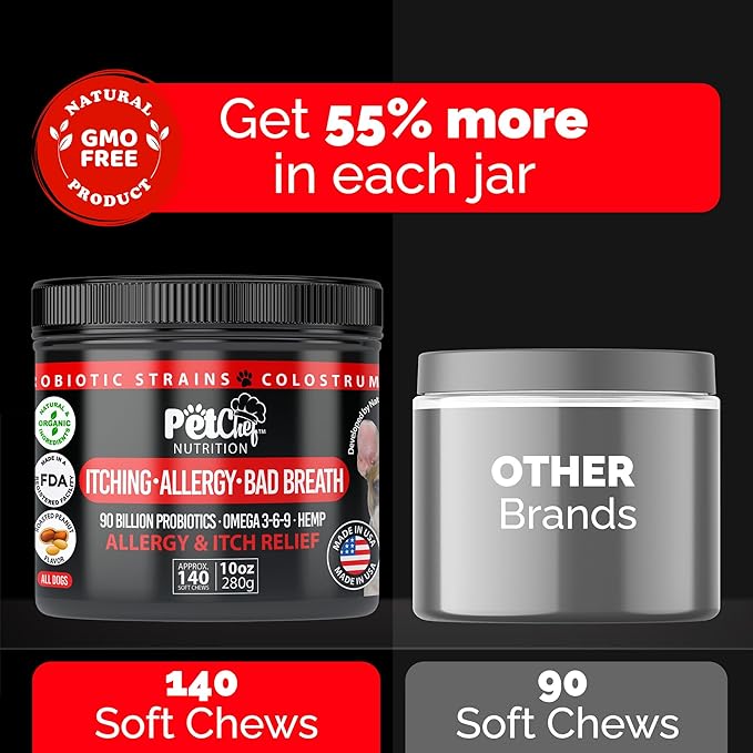 Pet Chef Dog Allergy Chews 140 Soft Chews with Salmon Oil, Omega 3 & Probiotics Natural Supplement for Itch Relief, Immune Support & Healthy Skin & Coat (Peanut Butter)