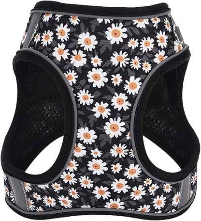 Small Dog Harness Black Daisy Flowers No Pull Reflective Step in Vest Harness Mesh Padded Soft Harness for Small Medium Dogs Cats