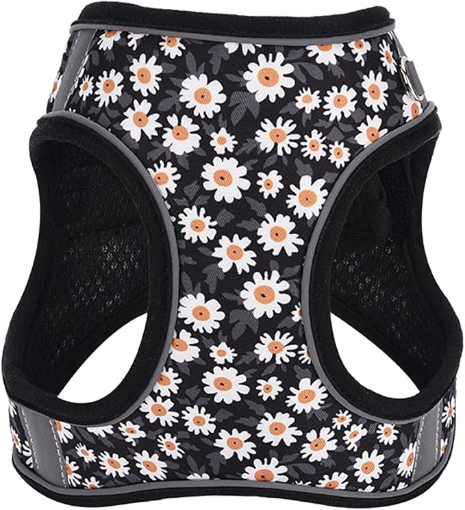 Small Dog Harness Black Daisy Flowers No Pull Reflective Step in Vest Harness Mesh Padded Soft Harness for Small Medium Dogs Cats