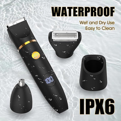 Qreeyx Manscape Body Trimmer for Men, 3 in 1 Men's Grooming Kit with Pubic/Nose Hair Trimmer & Ball Shaver for Nose/Balls/Groin/Legs/Chest Hair Removal, LED Display, IPX6 Waterproof, Gifts for Him Dad