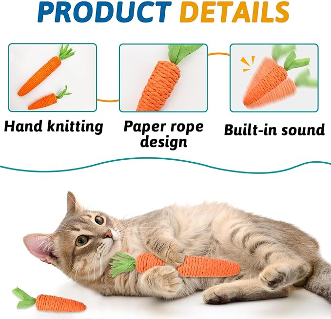 Andiker 2PCS Cat Chew Toys, 1 Small&1 Large Carrot Shapes Cat Rope Toys with Sounding Parcels Interactive Cat Toys for Indoor Cats and Kittens for Biting Chewing Keeping Teeth Clean