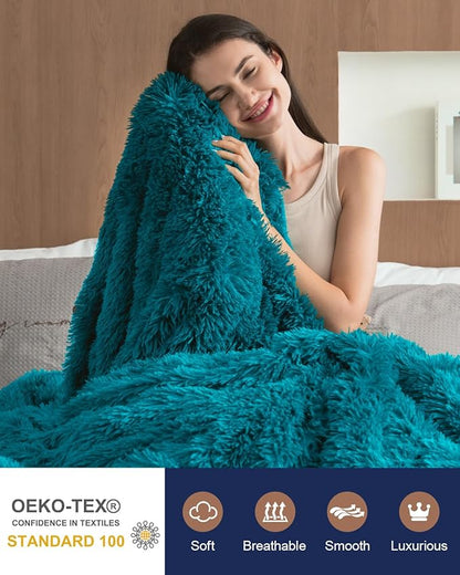 Pawque Sherpa Fleece Blanket Twin Size Teal Green - Faux Fur Fluffy Warm Plush Blankets for Bed, Cozy Thick Lightweight Reversible Decor for Winter Sofa Couch, 60x80 inches