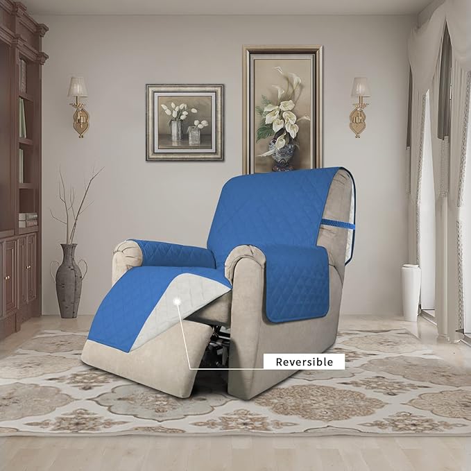 Easy-Going Recliner Chair Slipcover Reversible Sofa Cover Water Resistant Couch Cover Furniture Protector with Elastic Straps for Pets Dog (Recliner 22 inch, Blue/Ivory)