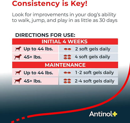 Antinol Plus, Mobility, Hip, and Joint Supplement for Dogs, Green-Lipped Mussels and Krill Oil - Dog Joint Supplement, Better and Faster Than Glucosamine and Chondroitin, 150 Soft Gels