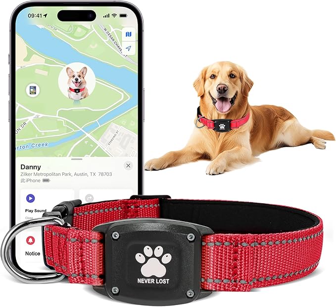 GPS Dog Collar Tracker 2-in-1,Reflective Waterproof Pet Collar,iOS-Only,No Monthly Fees,Unlimited Range,Ideal for Dog Tracking pet Tracker,for Small Medium Large Dogs(S (12.6"-16.5"), Red)