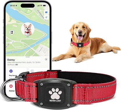 GPS Dog Collar Tracker 2-in-1,Reflective Waterproof Pet Collar,iOS-Only,No Monthly Fees,Unlimited Range,Ideal for Dog Tracking pet Tracker,for Small Medium Large Dogs(S (12.6"-16.5"), Red)