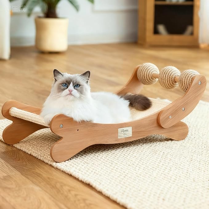 Sisal Cat Scratcher Bed with 3 Toy Balls for Indoor Cats, Durable Wooden 3-in-1 Hammock Lounge & Scratch Pad - Modern Furniture for Large Cats, Scratching Post Lounger