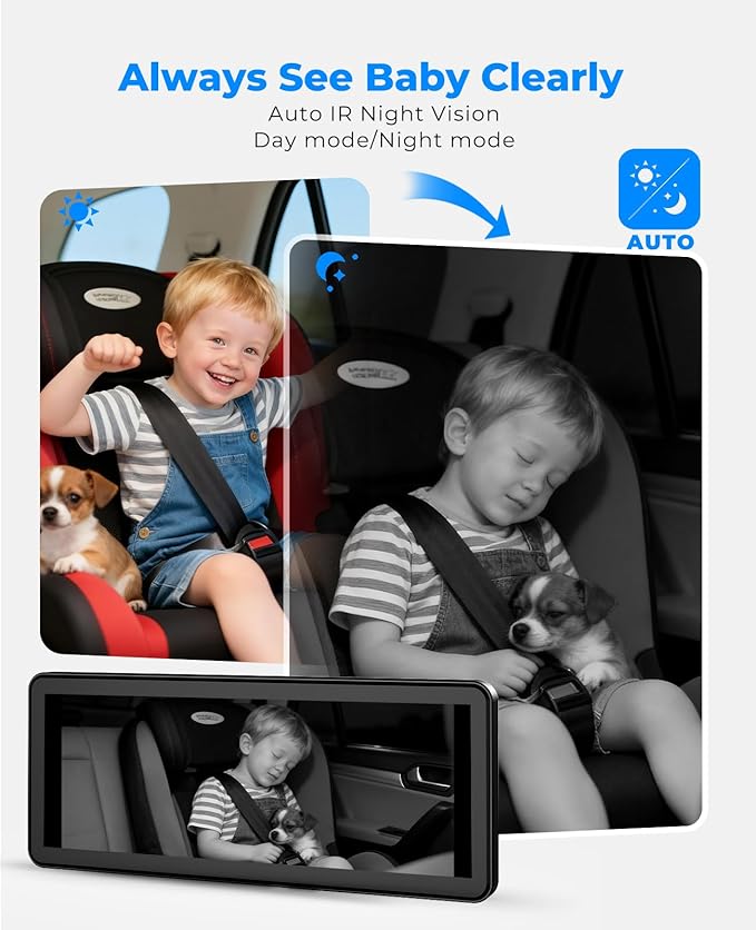 BM5PRO 7.2" 1080P HD Baby Car Camera for 2 Kids, Split Screen with IR Night Vision, Easy to Install & Adjust Brightness, Dual Car Camera Baby Monitor for Rear Seat Safety (Blue)