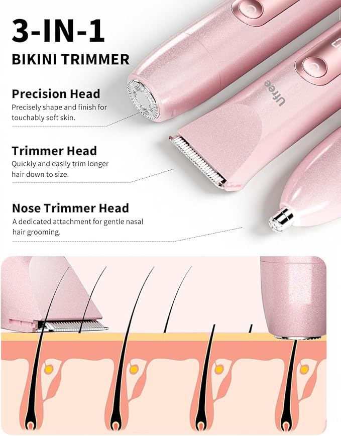 Ufree Bikini Trimmer Women Electric Razors Dual Head, Pubic Body Hair Trimmer Electric Shaver for Face, Legs, Arm, Rechargeable Lady Shaver Waterproof, Summer Grooming Kit