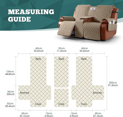 Ruaozz Waterproof Loveseat Recliner Cover with Console Non-Slip Reclining Couch Covers Split Sofa Slipcovers with Elastic Straps Furniture Protector for Kids, Dogs, Pets (Pale Brown, 2 Seater)