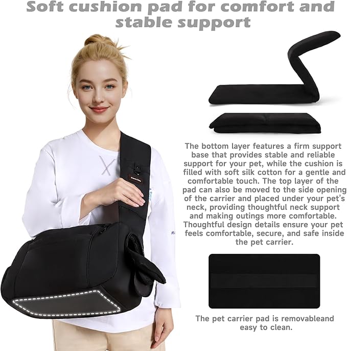 Dog Carrier Sling, Cat Sling Carrier, Adjustable Soft Padded Shoulder Strap with Storage Pocket, Small Dog and Cats Sling Carriers up to 10 lbs, Hands-Free Pet Carrier for Travel Hiking Walking Black