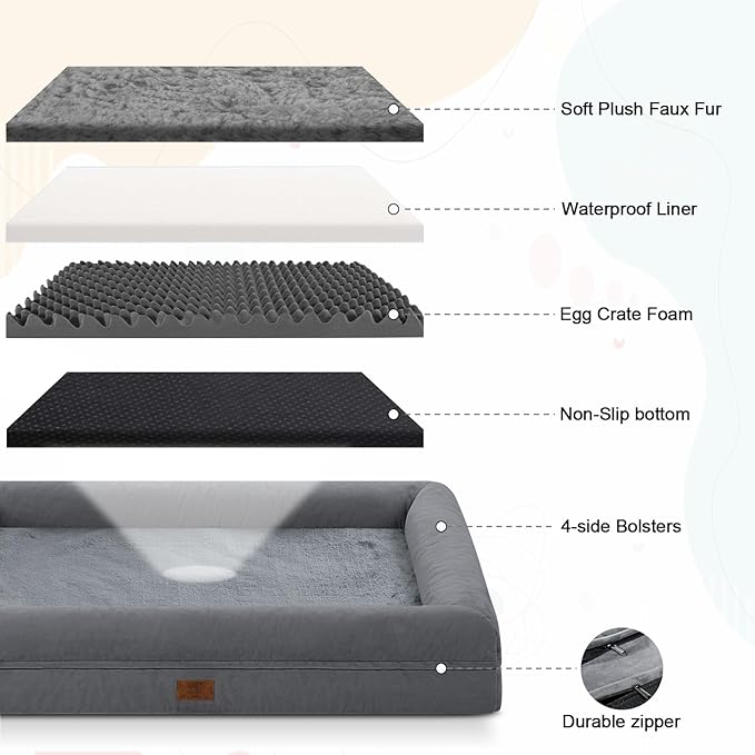 Jumbo Dog Bed for Extra Large Dogs, Washable Orthopedic Dog Bed with 4-Sides Removable Bolster, Waterproof Non-Slip Egg-Crate Foam Pet Couch Sofa, Dark Grey