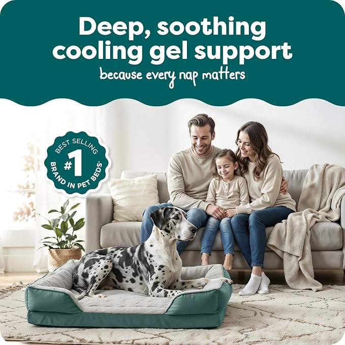 FurHaven Cooling Gel Dog Bed for Large Dogs, Perfect Comfort Sofa Bed, Cool Gel-Top & Orthopedic Foam Base for Joint Support, Removable Washable Cover, Jumbo Plus XXL, Plush & Velvet, Celadon Green