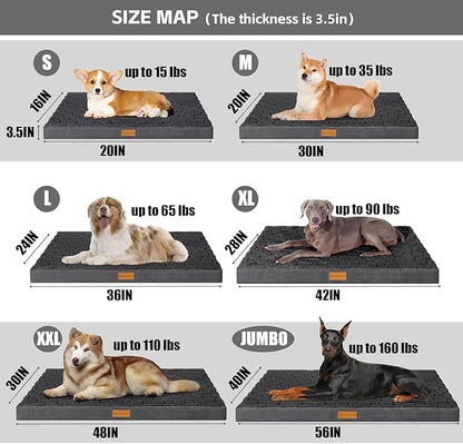 Patas Lague Orthopedic XL Dog Bed Large Sized Dog 42''X28'', Waterproof Soft Comfortable Egg Crate Foam Large Pet Beds Crate Mat with Removable Washable Cover and Nonskid Bottom, Dark Grey