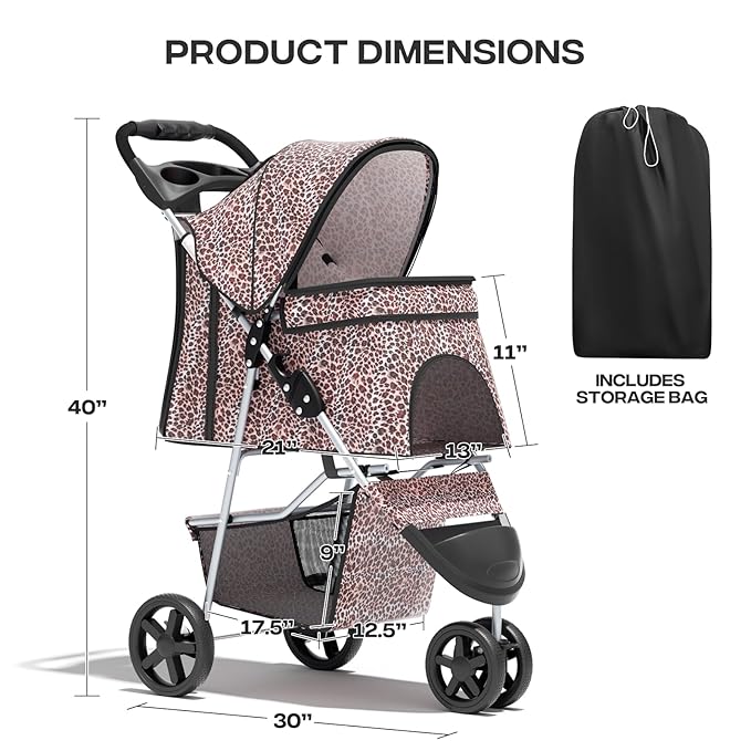 Pet Stroller for Small Dogs 10 lbs, Dog Stroller for Medium Dogs 30 lbs, Cat Strollers for 2 Cats, 3 Wheels Foldable Jogger Puppy Stroller with Storage Basket and Cup Holder, Leopard Print