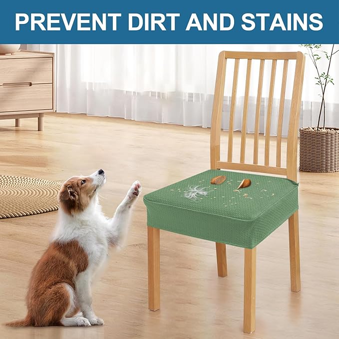 Smiry Waterproof Seat Covers for Dining Room Chairs Set of 8, Stretch Jacquard Removable Washable Chair Seat Slipcovers Protector, No Rear Covers, Green