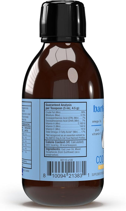 Dr. Mercola Bark & Whiskers Wild Alaskan Cod Liver Oil for Dogs & Cats, Omega-3s, Vitamin E, Skin and Coat, Joint Health, Veterinarian Formulated, Non-GMO - 6.8 Fl. Oz. (200 mL)