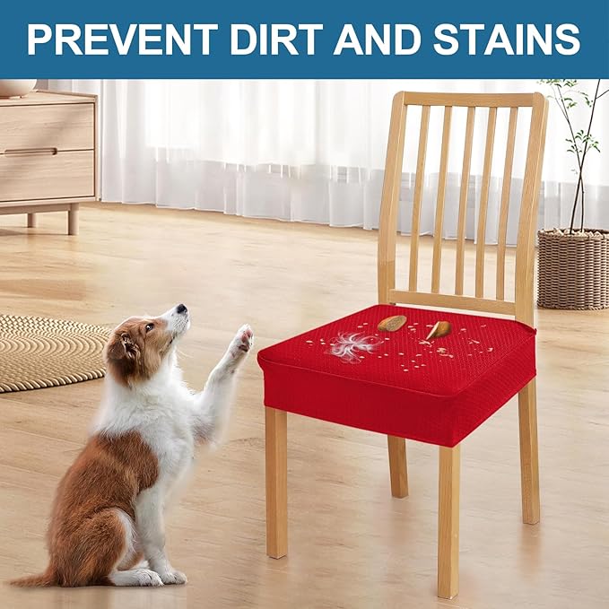 Smiry Waterproof Seat Covers for Dining Room Chairs Set of 2, Stretch Jacquard Removable Washable Chair Seat Slipcovers Protector, No Rear Covers, Red