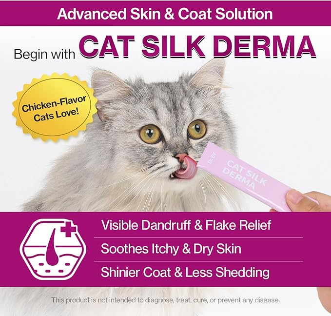 Doctor By Cat Silk Derma Skin and Coat Supplement for Cats Itch Skin Relief, Dandruff Treatment Scab, Overgrooming, Allergy Relief for Cats 30 lickable Formula Individually Packaged, Chicken(1 Pack)