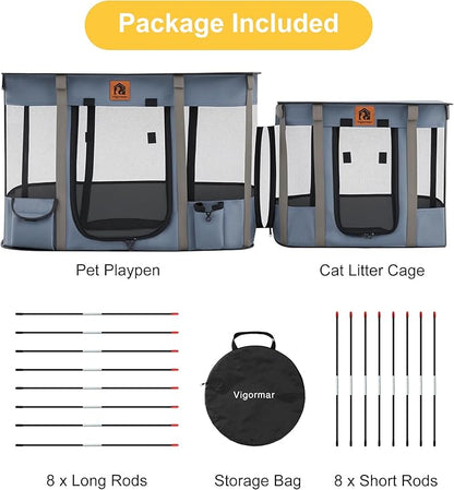 Portable Cat Playpen 2-in-1, Enclosed Kitten Playpen with Litter Box Cage Area, Pet Playpen with Collapsible Tent Rod Reinforced for Cats Puppy Rabbit Hamster Indoor Outdoor Use (Grey)