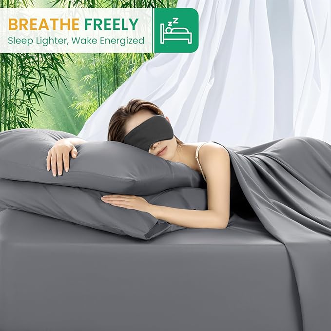 SONORO KATE 100% Viscose Derived from Bamboo_Sheets Cal King Size, Ultra Breathable & Cooling Bed Sheets for Hot Sleepers, Hotel Luxury Silky Bedding Sheets, 16" Deep Pocket - 4PC (Grey,Cal King)