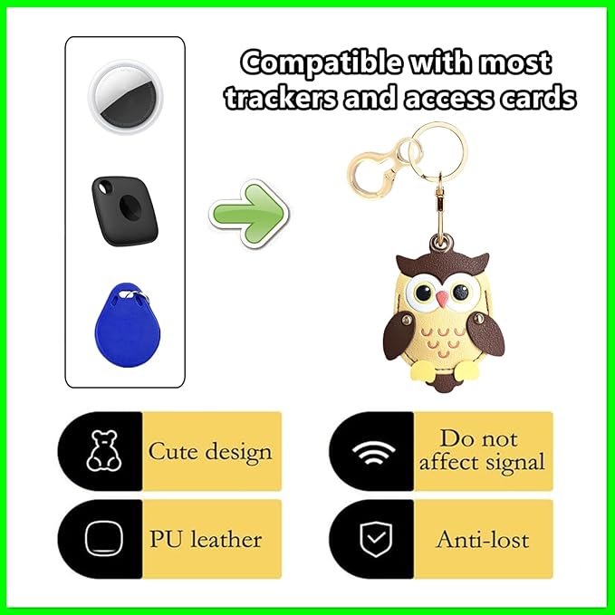 Leather Keychain Holder Case Compatible with AirTag,Cute Protective Cover with Keyring,Anti-Scratch Finder GPS Tracker Case for Wallet Keys,bag,pets,Backpack(Owl Brown)