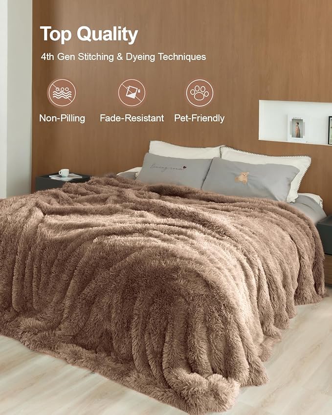 Pawque Faux Fur Blankets Queen Size Fluffy Soft, Sherpa Fleece Luxury Decorative Warm Cozy Throw for Sofa Couch Bed, Breathable & Washable, Brown / 90x90 inches